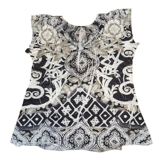 Apt. 9 Black And White Short Cap Sleeve Top Blouse, Blinged Ctr Accent Lge EUC - Picture 2 of 5